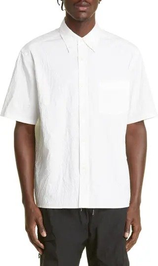 Crinkled Short Sleeve Button-Down Shirt