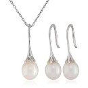 Sterling Silver 8mm Freshwater Cultured Pearl Drop Pendant Necklace and Earrings Jewelry Set