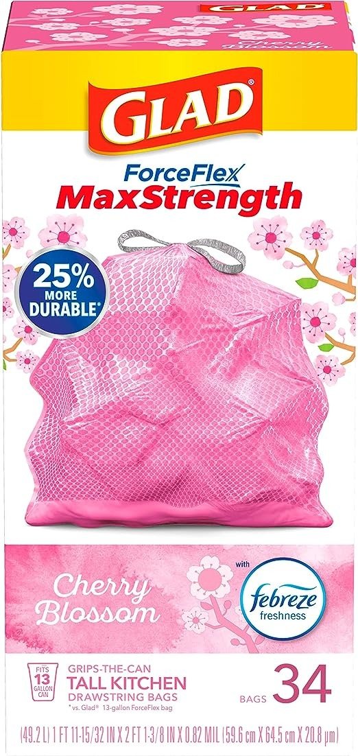 ForceFlex MaxStrength Tall Kitchen Drawstring Trash Bags, 13 Gallon, Cherry Blossom with Febreze Freshness, 34 Count