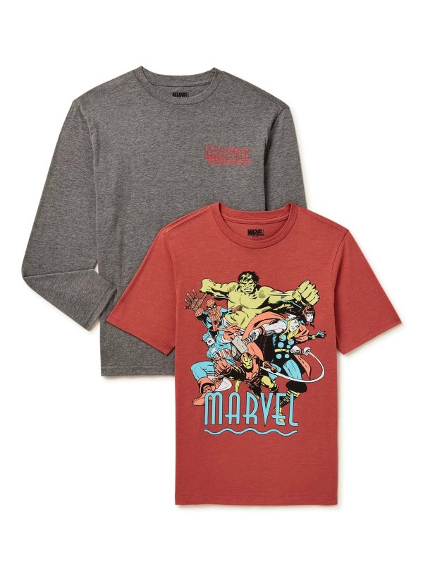 The Avengers Boys Short Sleeve and Long Sleeve Graphic Layering T-Shirts, 2-Pack, Sizes XS-XXL