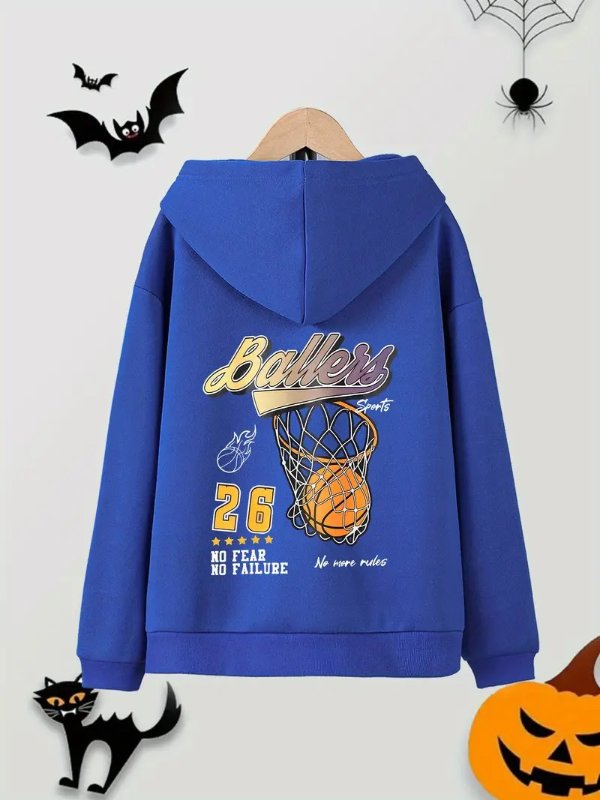 Basketball Print, Boy's Trendy Comfy Hoodie, Casual Slightly Stretch Breathable Hooded Sweatshirt For Spring Fall
