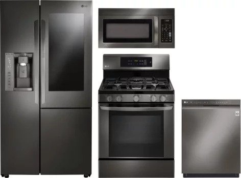 RERADWMW6044 4 Piece Kitchen Appliances Package with Side-by-Side Refrigerator, Gas Range, Dishwasher and Over the Range Microwave in Black Stainless Steel