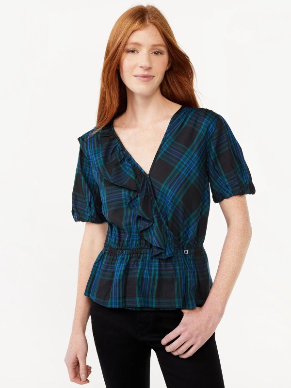 Women's Ruffle Wrap Top with Short Sleeves