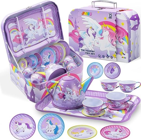 JOYIN Unicorn Tea Party Set for Little Girls, Pretend Purple Tin Teapot Set, Princess Tea Time Play Kitchen Toy with Teapot, Cup, Plate, Carrying Case for Birthday Easter Gift Kids Toddler Age 3 4 5 6