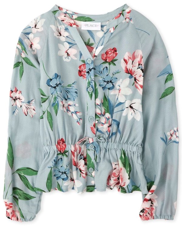 Girls Long Sleeve Floral Dobby Peplum Button Down Shirt