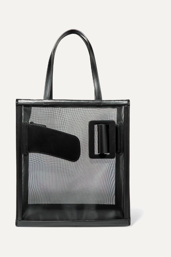 Frame buckled leather and mesh tote