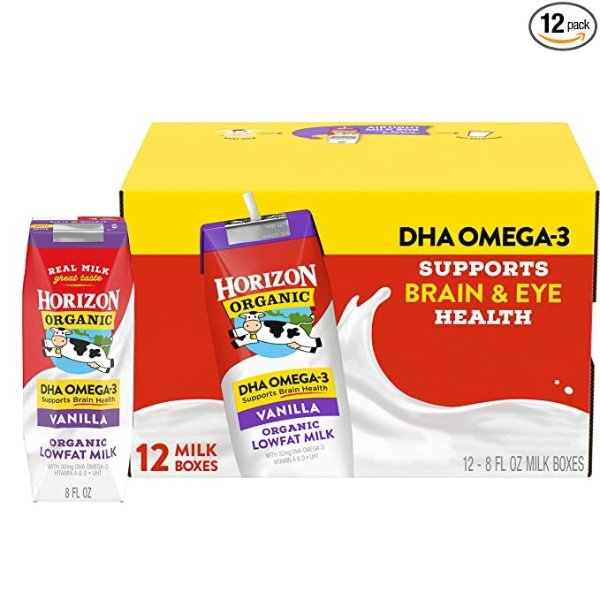 Organic Shelf-Stable 1% Low Fat milk Boxes with DHA Omega-3, Vanilla, 8 oz., 12 Pack