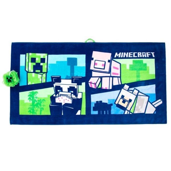 Minecraft Oversized Kids 100% Cotton Towel and Character Loofah Set, Green, Mojang