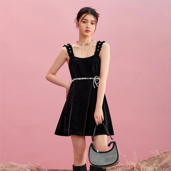 Velvet Beaded A-line Dress | Peacebird Women Fashion