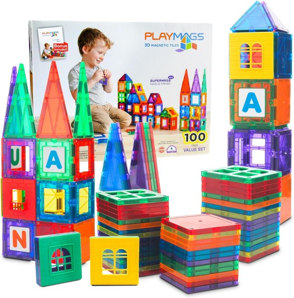 Playmags 100-Piece Magnetic Tiles Building Blocks Set