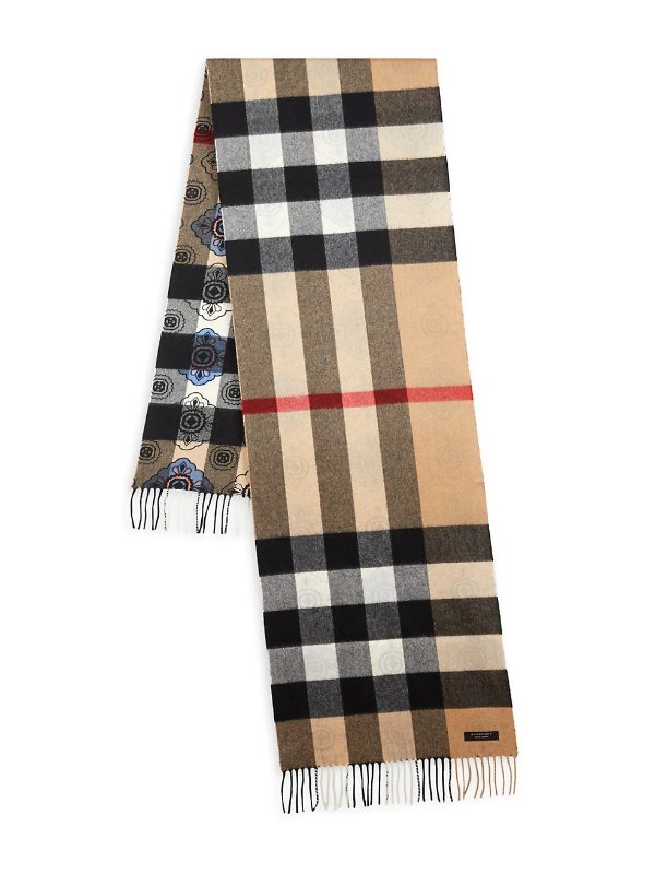 Reversible Classic Check & Geo Tile Print Cashmere Scarf