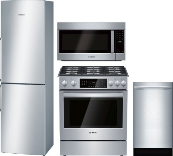 BORERADWMW575 4 Piece Kitchen Appliances Package with Bottom Freezer Refrigerator, Gas Range, Dishwasher and Over the Range Microwave in Stainless Steel