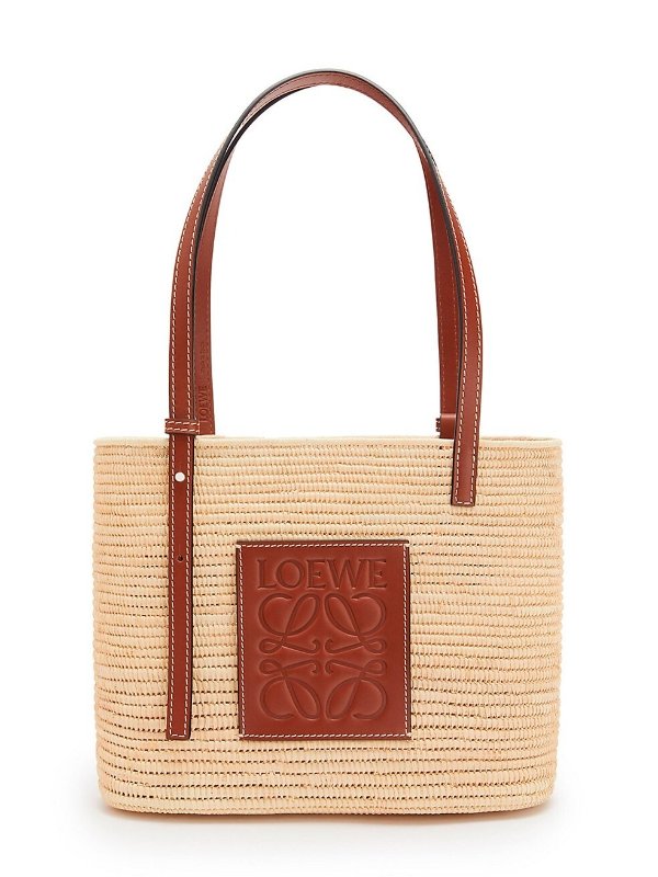 Small Square Leather-Trimmed Raffia Basket Bag