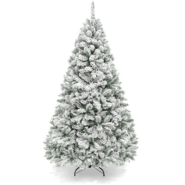 7.5ft Snow Flocked Christmas Tree, Premium Holiday Pine Branches, Foldable Metal Base