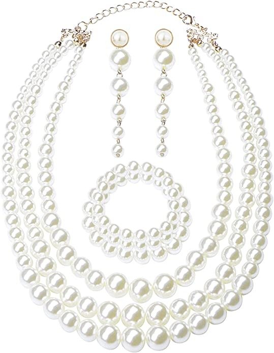 Women's Faux Three Multi-Strand Pearl Necklace Long Pearl Dangle Earrings and Bracelet Jewelry Set for Women