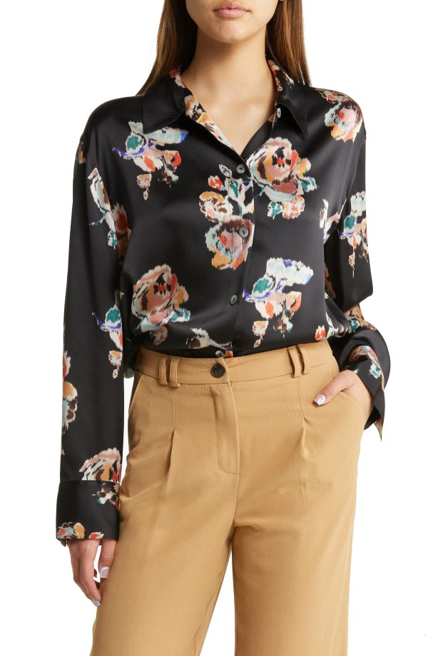 Ikat Floral Silk Button-Up Shirt