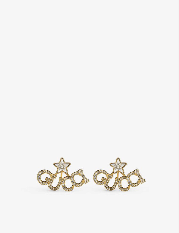 script 18ct yellow gold-plated brass and crystal stud earring