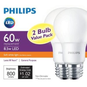 2-Pack Phillips 2700K LED A19 Light Bulbs (60W equivalent)