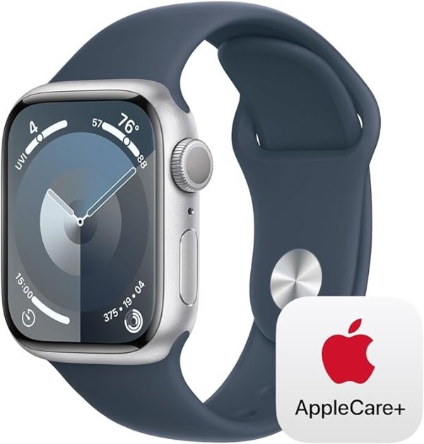 Watch Series 9 GPS 41mm Silver Aluminum Case with Storm Blue Sport Band - M/L withCare+ (2 Years)