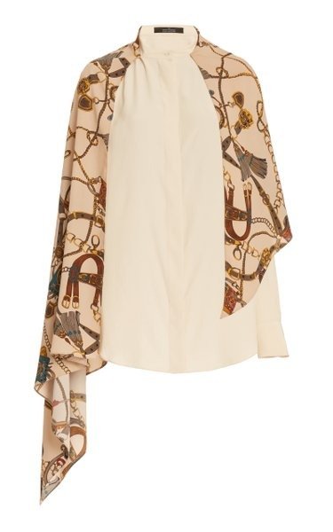Draped Scarf-Accented Silk Blouse