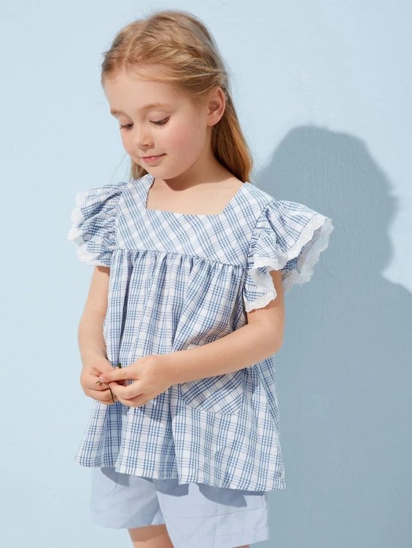 Toddler Girls Ruffle Armhole Patch Pocket Plaid Top