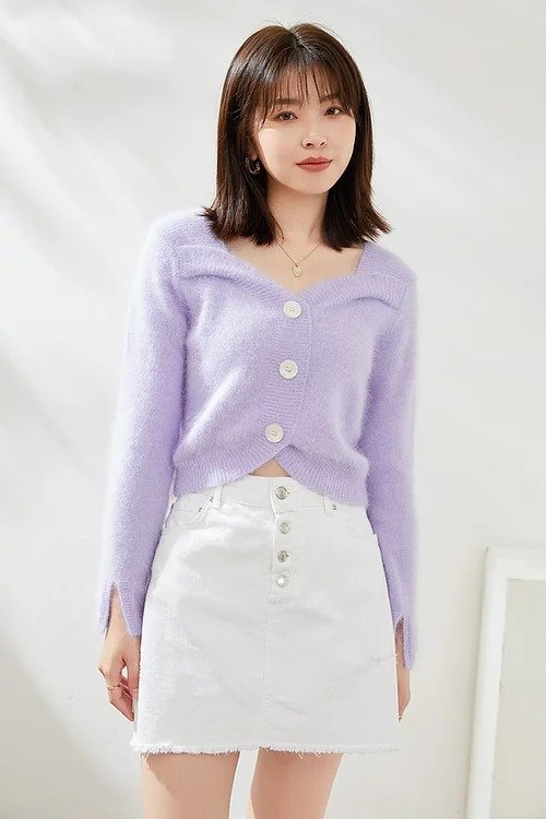 紫色兔毛短款薄毛衣