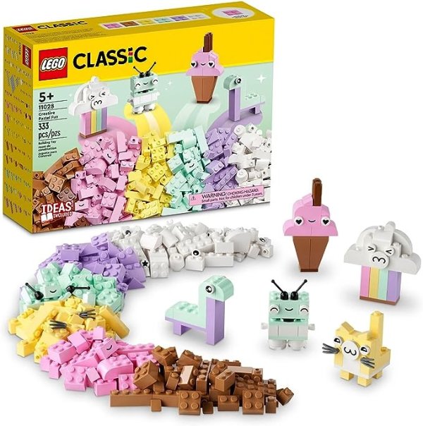 Classic Creative Pastel Fun Bricks Box 11028, Building Toys for Kids, Girls, Boys Ages 5 Plus with Models; Ice Cream, Dinosaur, Cat & More, Creative Learning Gift