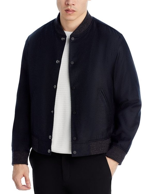 Wool Flannel Slim Fit Snap Front Varsity Jacket