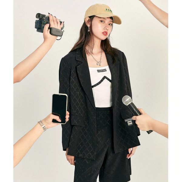 Argyle Single Button Black Blazer | Peacebird Women Fashion