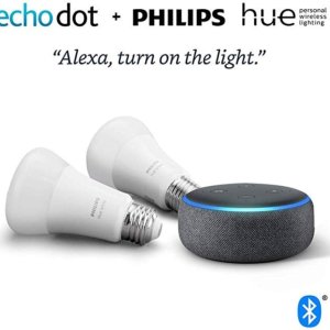Echo Dot (3rd Gen) Charcoal Bundle with Philips Hue White 2-pack A19 Smart Bulbs