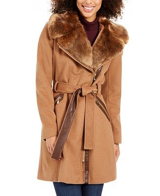 Asymmetrical Belted Faux-Fur-Collar Coat, Created for Macy's