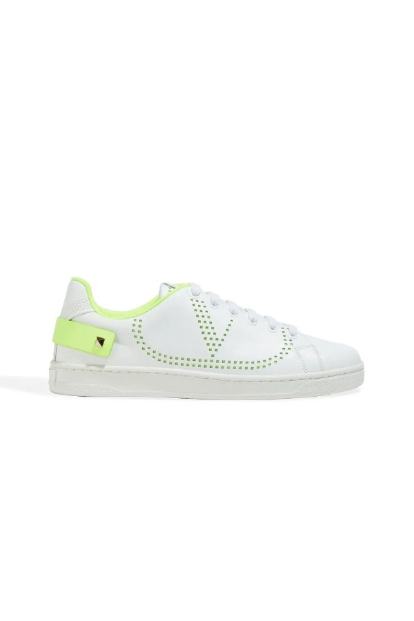 Neon-trimmed perforated leather sneakers