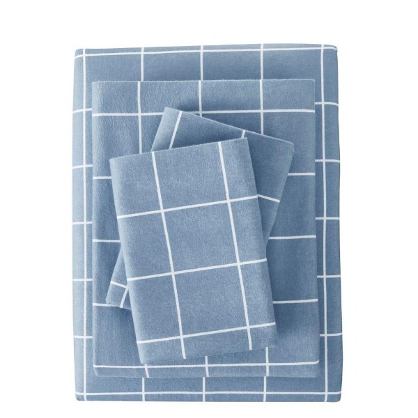 Cotton Flannel 4-Piece Queen Sheet Set in Washed Denim Windowpane