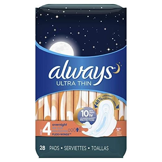 Ultra Thin Size 4, Overnight Feminine Pads with Wings, Unscented, 28 count - Pack of 3 (84 Total Count)
