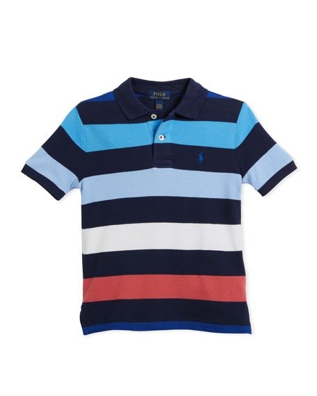 Childrenswear Mesh Striped Polo Shirt, Blue, Size 2-4