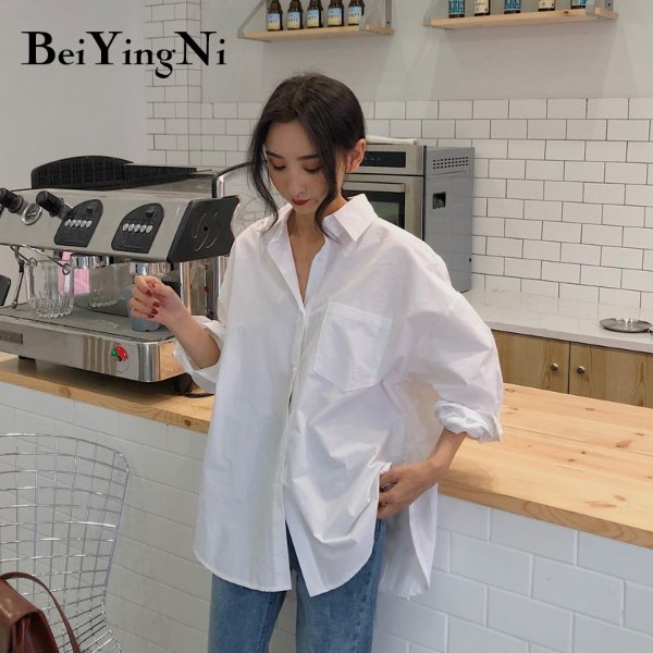 15.42US $ 37% OFF|Beiyingni 2022 Spring Autumn Women Shirts White Plain Loose Oversized Blouses Female Tops Loose BF Korean Style Blusas Pockets|Shirt| - AliExpress