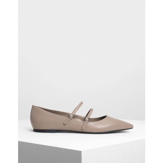 Taupe Double Mary Jane Flats | CHARLES & KEITH UK