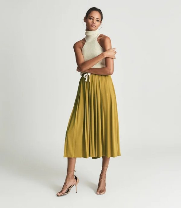 Ariella Yellow Fine Jersey Pleated Midi Skirt – REISS
