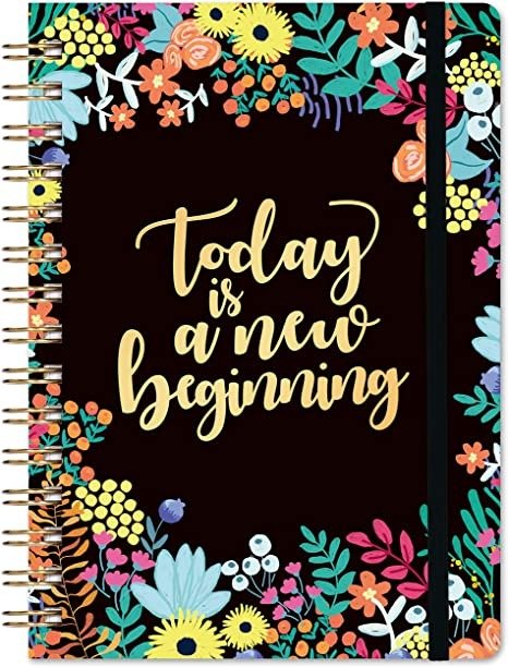 Ruled Notebook/Journal - Hardcover Lined Journal with Premium Paper,Spiral Journal, 5.5" x 8.4", Twin-Wire Binding, Back Pocket, Bookmark, Elastic Band - Black Floral