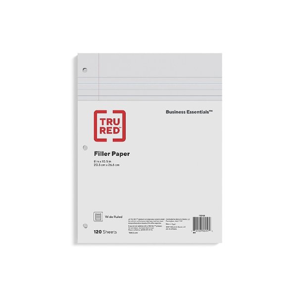 TRU RED™ Wide Ruled Filler Paper, 8" x 10.5", White, 120 Sheets/Pack (TR37426)