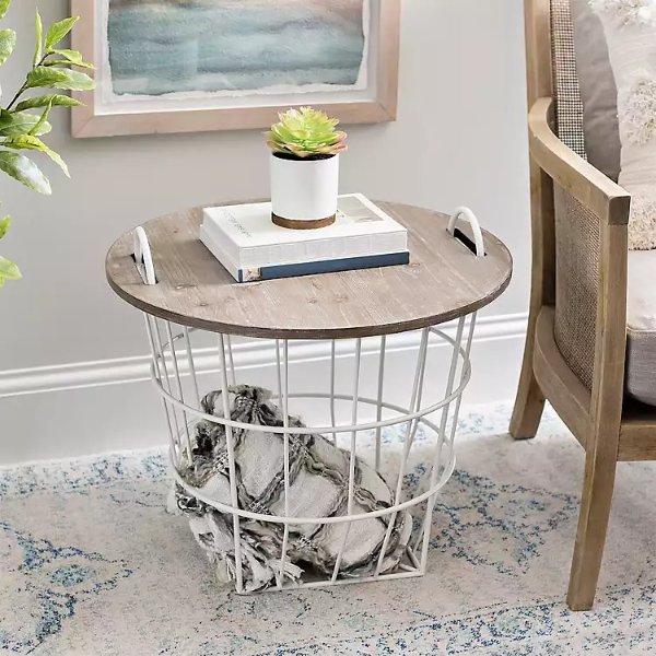 Off-White Wire and Dark Brown Wood Basket Table