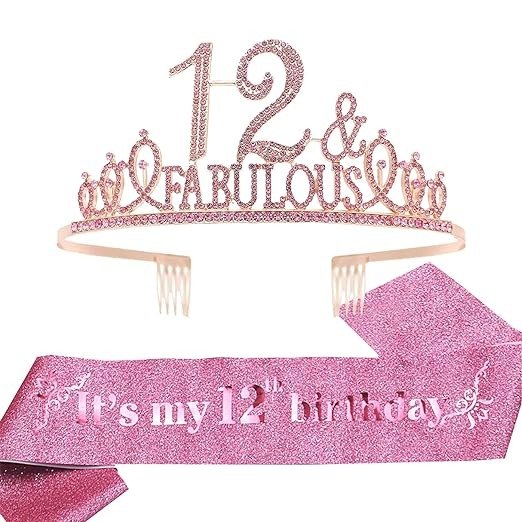 12th Birthday Sash and Tiara for Girls - Fabulous Glitter Sash + Fabulous Rhinestone Pink Premium Metal Tiara for Girls, 12th Birthday Gifts for Princess Party