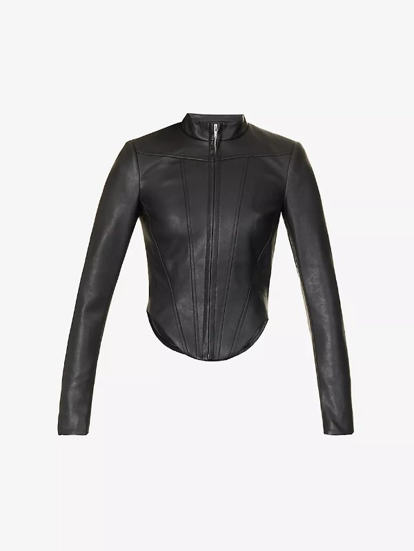 High-collar slim-fit faux-leather jacket