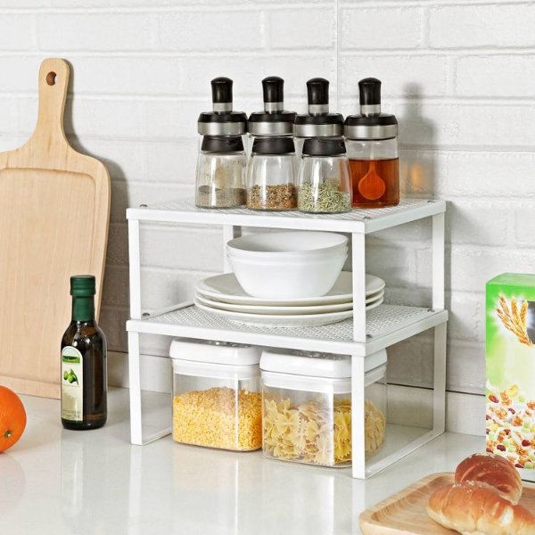 Cabinet Shelf Organizers, Stackable, Expandable, Set of 2 Metal Kitchen Counter Shelves, White UKCS01WT