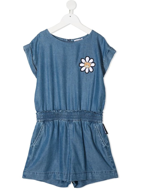 floral-embroidery denim playsuit