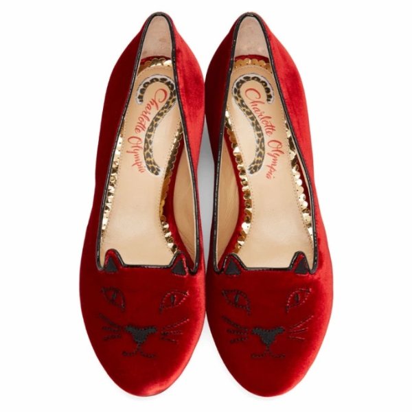 红色丝绒猫咪鞋