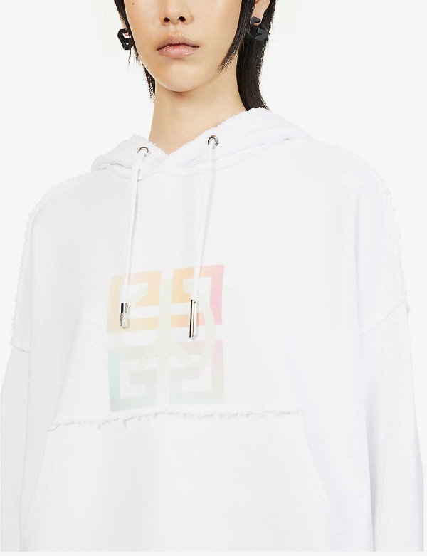 Raw-edge logo-print relaxed-fit cotton hoody