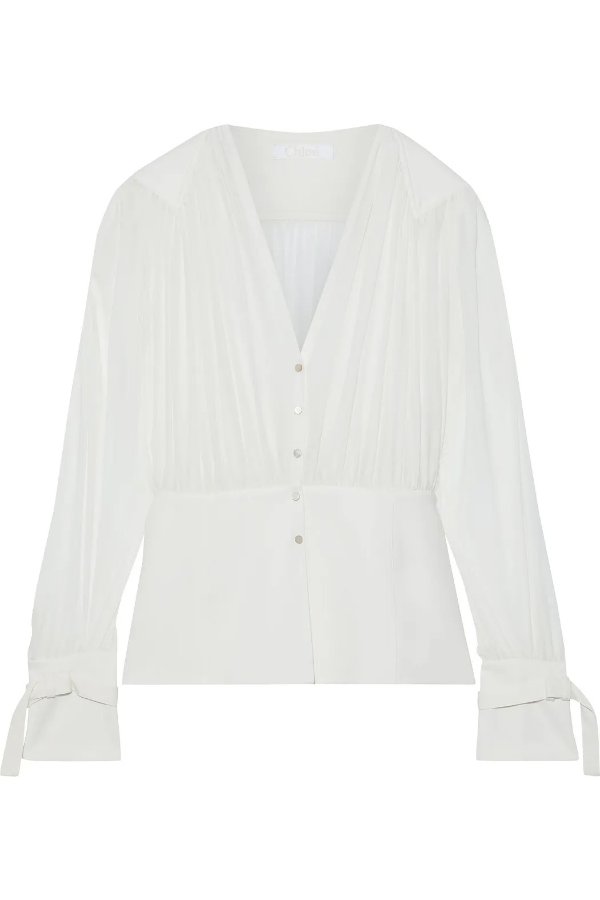 Cady-paneled pleated silk-chiffon blouse