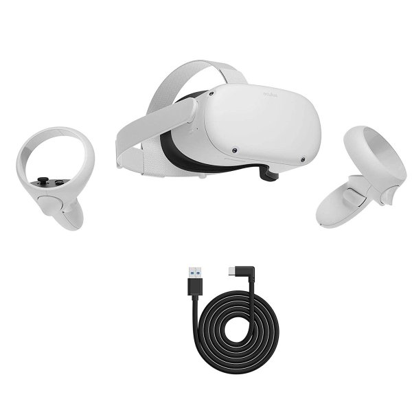 Quest 2 -256 GB White, Advanced All-in-One Virtual Reality VR Gaming Headset, Touch Controllers, Bundle with 10Ft Link Cable