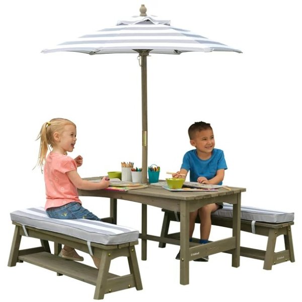 Outdoor Table & Bench Set with Cushions and Umbrella, Gray and White Stripes